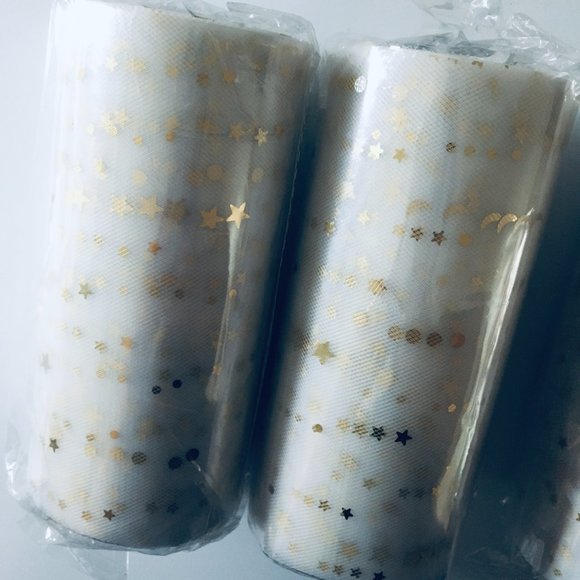 3 Rolls White Mesh Tulle Wide Ribbon with Gold Moons & Stars - Picture 4 of 12
